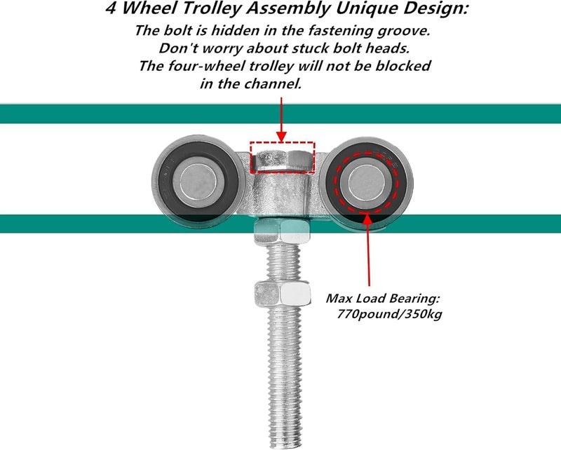 BiJun 4 Wheel Trolley Assembly Roller, Silent Trolley Roller Steel with M12 Bolt for Use with 1-5/8" Wide and All1-5/8" Or taller Strut Channel - Image 4